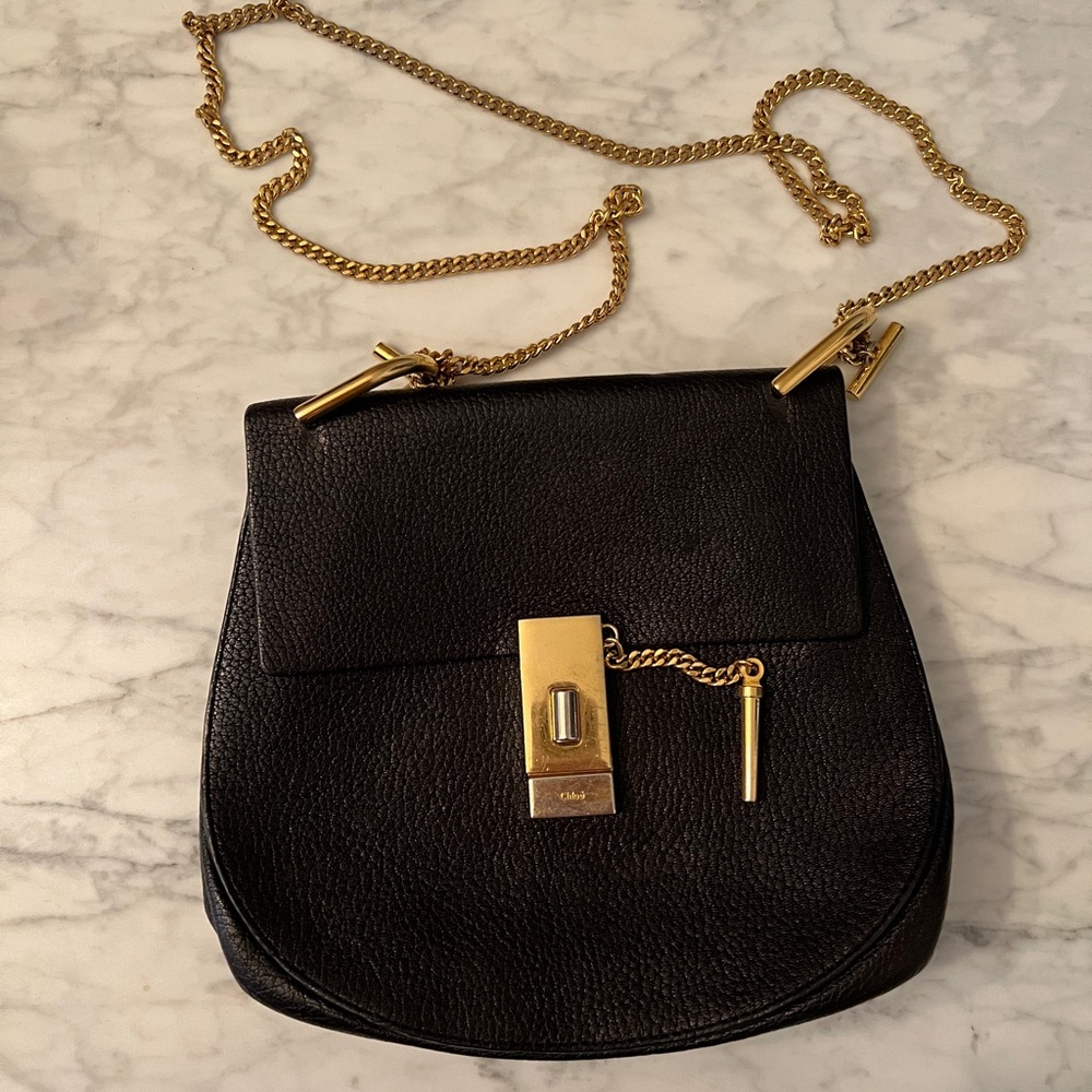 Chloe Drew gold chain black leather medium